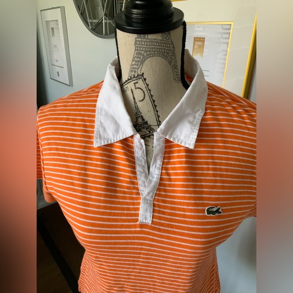 LACOSTE Striped Orange & White Polo Top Women’s Made in France Size Medium - Picture 3 of 11